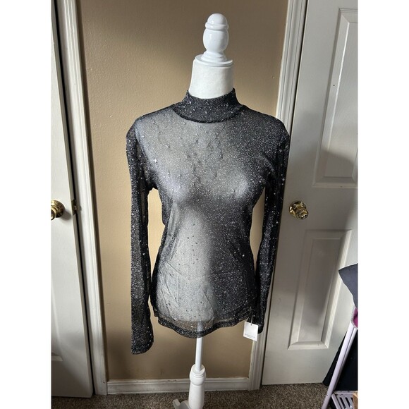 MangoPop Tops - MangoPop Long Sleeve Top Size L Black Sheer Celestial Stars Mock Neck Glitter